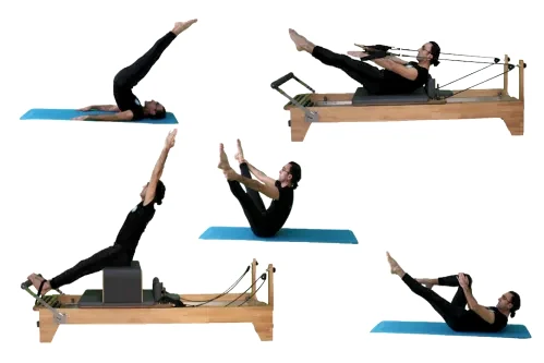 Reformer ve mat üzerinde yapılan çeşitli klinik pilates hareketleri